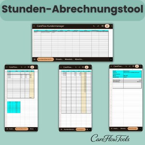 Può includere: Uno strumento di foglio di calcolo digitale intitolato Stunden-Abrechnungstool e CareFlowTools, che presenta quattro diverse viste dell'interfaccia per la gestione dei clienti, la pianificazione e la fatturazione, con tabelle in blu e giallo.