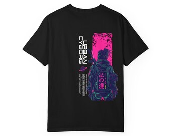 Camiseta con estampado de silueta de samurái / Estampado trasero de flores de cerezo neón