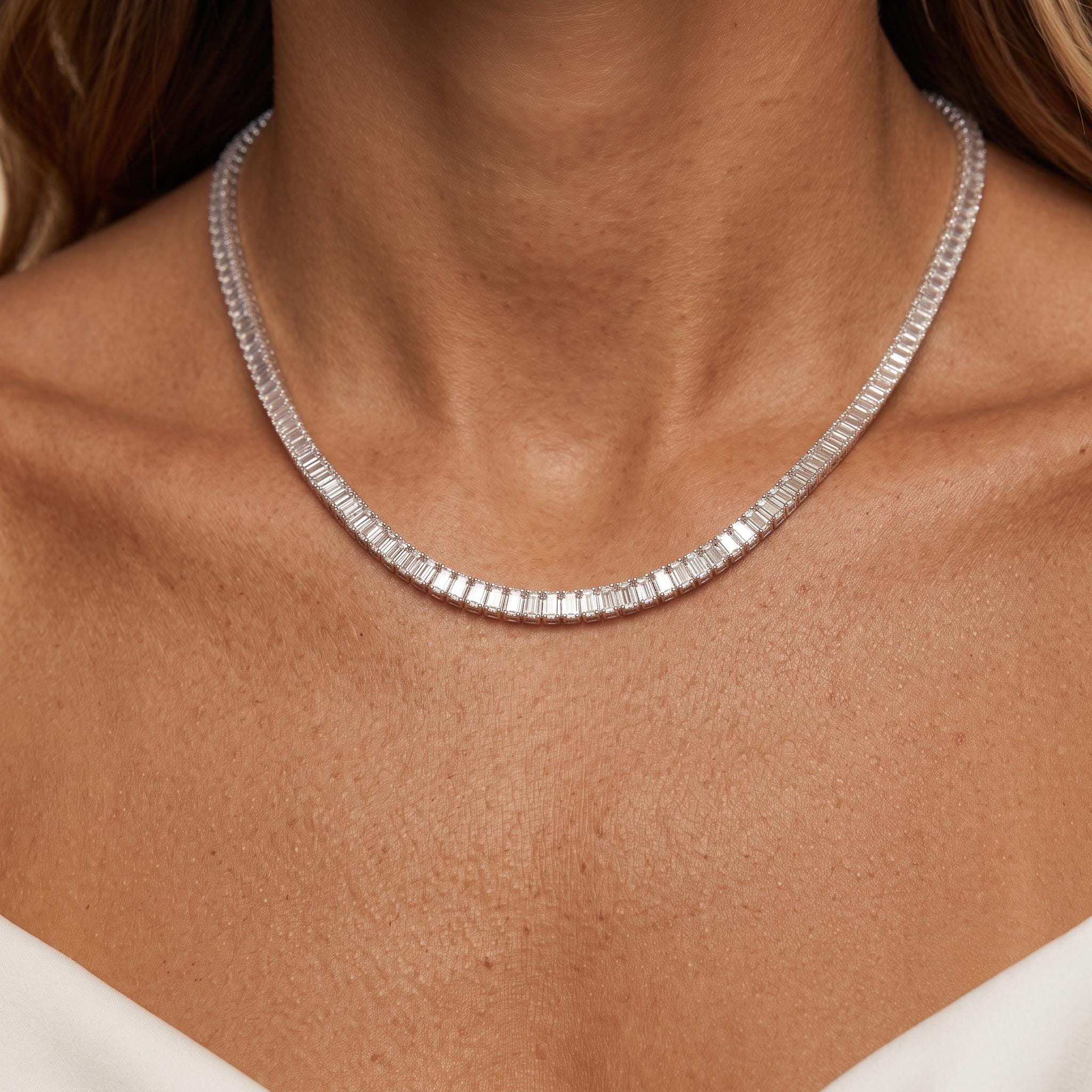 Baguette Cut Tennis Necklace, Cubic Zirconia Tennis Choker, Non Flip Rhodium Gold Plated Eternity Chain, Luxurious Bridal Statement Gift