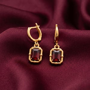 Vintage Emerald Cut Ruby Drop Earrings, Gold Antique Huggies, Brass Gemstone Jewelry