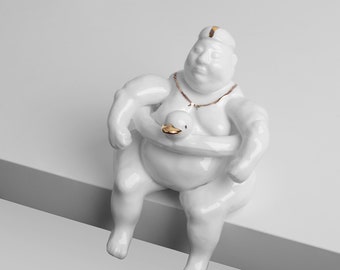 Otylia - Lady on pool with lifebelt,   Ceramic Porcelain figurine, sculpture white bone china porcelain