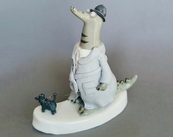 Rupert with his poodle Noodle. Handmade Porcelain Crocodile Figurine - Delicate and Unique Interior Decoration