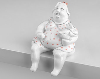 Pamela - Lady with a dog, Ceramic Porcelain figurine, sculpture white bone china porcelain