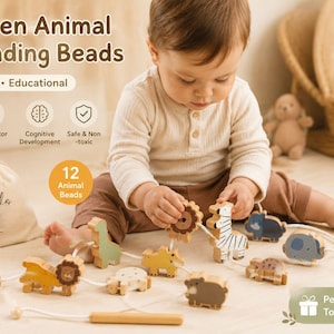 Op de afbeelding: Houten dieren rijg kralen set met 12 dieren kralen. De set bevat een stoffen zakje en een houten rijg stok. De kralen zijn gemaakt van natuurlijk hout en zijn veilig voor peuters. Bevordert de fijne motoriek en de cognitieve ontwikkeling.