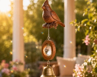 Personalized Cardinal Wooden Wind Chime, Custom Name Engraved Bird Suncatcher with Crystal