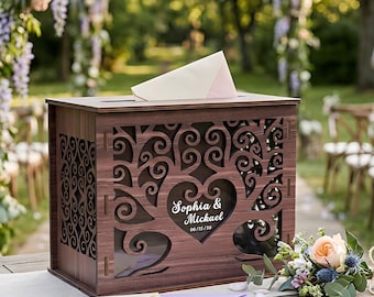 Personalized Wedding Card Box, Custom Wooden Card Box for Wedding Reception, Rustic Wedding Card Holder with Names & Date