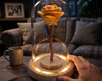 Hand-Carved Wooden Flower in Glass Dome | Personalized Base – Gift for Mother's Day, Anniversaries, and Valentine's Day