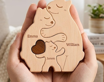 Wooden Bear Family Puzzle — Customizable with 2 to 5 Names; A Special Gift for Father's Day, Mother's Day, and Birthdays