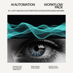 May include: An image with the text "AI AUTOMATION WORKFLOW PACK" and "50+ COPY-AND-BUILD AUTOMATIONS ACROSS ZAPIER, MAKE AND N8N". The image also includes a close-up of an eye with a digital design in the iris and the text "STEP-BY-STEP AUTOMATION TEMPLATES, SAVE HOURS EVERY WEEK, BOOST YOUR PRODUCTIVITY".