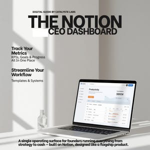 May include: A laptop displaying a dashboard with the text "Productivity" and the amount "$8924". The screen is open on a white surface with a clear glass bottle. The text "THE NOTION CEO DASHBOARD" is at the top.