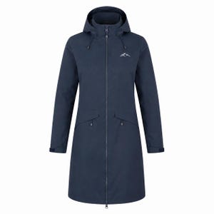 May include: A navy blue long-length hooded jacket featuring a full-length front zipper, long sleeves with adjustable cuffs, and two front pockets with zipper closures. A white line-art mountain graphic is printed on the upper left chest area.