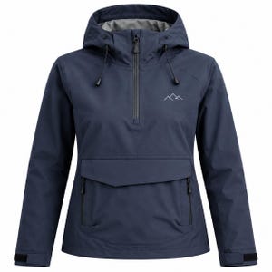 Könnte beinhalten: Eine marineblaue Pullover-Jacke mit Kapuze und verstellbaren Kordelzügen, einem halben Reißverschluss vorne und einer großen Kängurutasche mit zwei seitlichen Reißverschlussöffnungen. Auf der Brust befindet sich eine kleine weiße Berggrafik.