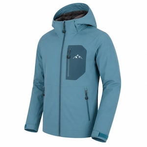 May include: A teal hooded softshell jacket featuring a full-length front zipper, two lower zippered pockets, and a single chest pocket with a dark teal panel. A white mountain graphic is printed on the chest pocket. The cuffs have adjustable tabs.