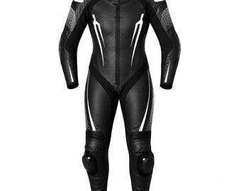 Traje de motociclismo de cuero premium para mujer, mono de piel de vacuno de una pieza, corte ergonómico de competición, cuero perforado, forro de poliéster.