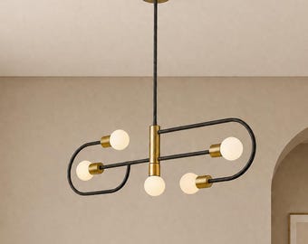 Lustre moderno de latão com 6 lâmpadas, luminária pendente em formato de globo estilo meados do século XX, luminária de teto preta para sala de jantar e ilha de cozinha.