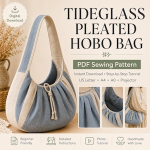 May include: A hobo bag sewing pattern titled TIDEGLASS PLEATED HOBO BAG. The bag features alternating blue and beige fabric panels, a single shoulder strap, and a drawstring closure with tassels. Includes PDF, US Letter, A4, A0, and projector files.