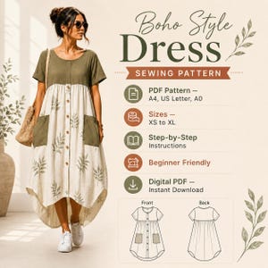 May include: A digital sewing pattern for a dress featuring a two-tone design with an olive green bodice and a cream-coloured skirt with a green leaf print. The dress has a button-down front, two large patch pockets, and a high-low hemline.