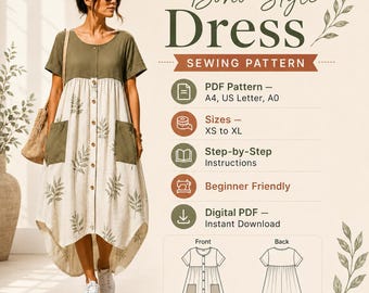 Boho Maxi Dress Sewing Pattern, Loose Button Front, PDF Digital Download (Sizes XS-XL)