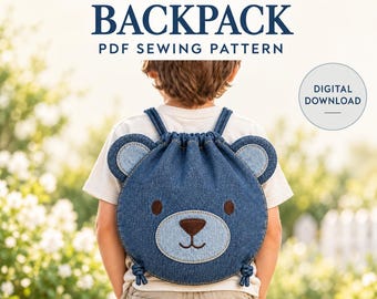 Bear Backpack Sewing Pattern PDF, Denim Drawstring Bag with Applique, Printable A4, US Letter, A0 & Projector Files