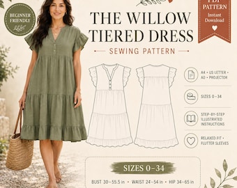 Tiered Midi Dress Sewing Pattern, Boho V-Neck Flutter Sleeve, Women's Sizes 0-34 (PDF Download)