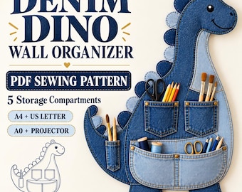 Naaipatroon voor een dinosaurus wandorganizer (PDF), ophangbare organizer met vakjes van denim, doe-het-zelf opbergruimte voor knutselspullen, A4 US Letter A0 projector