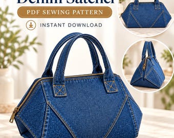 Naaipatroon voor een denim handtas (PDF), gestructureerde schoudertas, geometrische tas met rits, A4 A0 projector