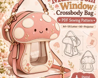 Naaipatroon voor een paddenstoel crossbodytas (PDF), schattig patroon voor een tas met venster, naaipatroon voor een kawaii handtas, A4, US Letter, A0 projectorformaat, digitale download