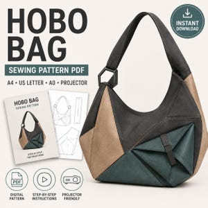 Può includere: Un cartamodello PDF per borsa hobo con design geometrico in grigio antracite, beige e verde scuro. L'immagine include il testo: HOBO BAG SEWING PATTERN PDF, A4 US LETTER A0 PROJECTOR, INSTANT DOWNLOAD, DIGITAL PATTERN, STEP-BY-STEP INSTRUCTIONS, PROJECTOR FRIENDLY.