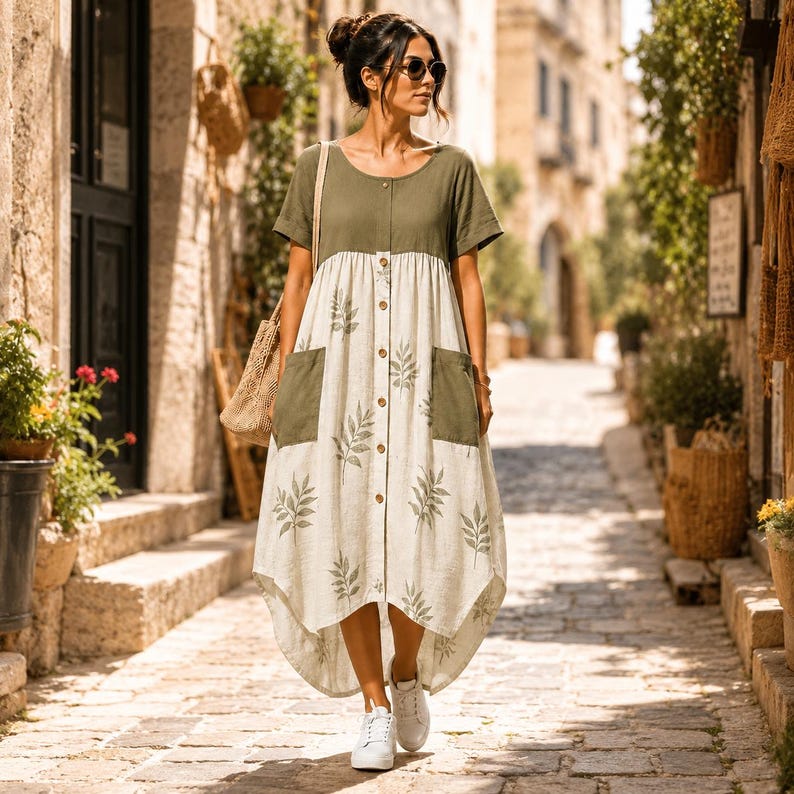 May include: A midi-length dress featuring a solid olive green bodice with short sleeves and a cream-colored skirt adorned with a repeating green leaf pattern. The dress includes a front button placket, two large patch pockets, and a high-low hemline.