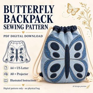 Puede incluir: Un patrón de costura digital para una mochila de cordón con diseño de mariposa. El texto dice BUTTERFLY BACKPACK SEWING PATTERN, PDF DIGITAL DOWNLOAD, A4 + US Letter, A0 + Projector, Illustrated Instructions y AI design preview.