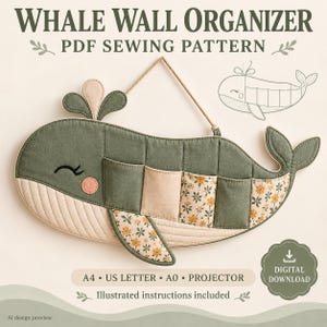 Peut inclure: Un patron de couture pour organisateur mural en forme de baleine, en tissu vert sauge et crème avec des motifs floraux. La baleine textile possède plusieurs poches, une cordelette de suspension et le texte WHALE WALL ORGANIZER PDF SEWING PATTERN.