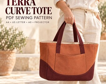 Tote Bag Sewing Pattern PDF, Lined Canvas Bag with Pocket, Curved Color Block Design, A4 Letter A0 Projector