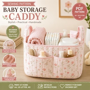 May include: A quilted fabric baby storage caddy featuring a light pink floral pattern, two sturdy handles, and multiple exterior pockets. The interior contains a removable divider system, and the caddy is filled with baby care items including folded blankets, diapers, and bottles.