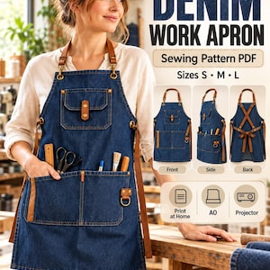 May include: A dark blue denim work apron with brown leather straps, brass hardware, and multiple pockets. The text reads DENIM WORK APRON, Sewing Pattern PDF, Sizes S M L, Front, Side, Back, Print at Home, A0, and Projector with corresponding icons.