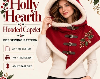 Naaipatroon voor een kerstcape met capuchon (PDF), cape met bontafwerking, feestkostuum voor volwassenen, A4, US Letter, A0 & projector