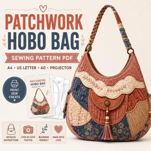 May include: A patchwork hobo bag sewing pattern PDF featuring a quilted crescent-shaped bag with a braided handle, a decorative tassel, and floral fabric panels in shades of blue, cream, and terracotta, alongside printed instruction sheets.