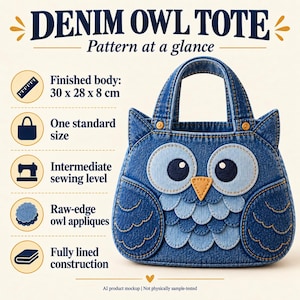 Puede incluir: Un bolso tote de mezclilla con forma de búho y un cuerpo terminado de 30 x 28 x 8 cm. El bolso presenta aplicaciones de búho con bordes sin rematar, una construcción totalmente forrada y dos asas. Texto: DENIM OWL TOTE, Pattern at a glance.