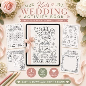 Paquete de actividades para bodas infantiles, libro para colorear de bodas, libro de actividades para bodas para niños, actividades para la mesa de recepción, PDF imprimible