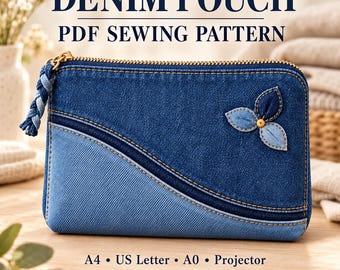 Denim Zipper Pouch Sewing Pattern PDF, Lined Cosmetic Bag with Leaf Applique, A4, US Letter, A0 & Projector