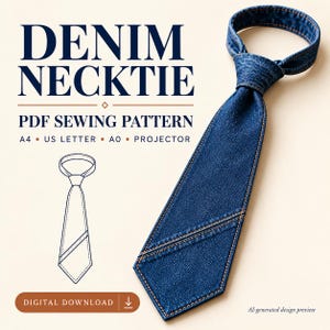 May include: A dark blue denim necktie with orange topstitching, presented as a PDF sewing pattern. The text reads DENIM NECKTIE PDF SEWING PATTERN A4 US LETTER A0 PROJECTOR DIGITAL DOWNLOAD. A line drawing of the tie is included for reference.