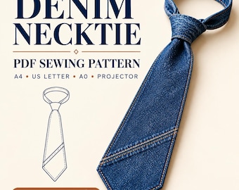 Naaipatroon voor een denim stropdas (PDF), stropdaspatroon voor volwassenen met geïllustreerde instructies, A4, US Letter, A0 & projectorbestanden