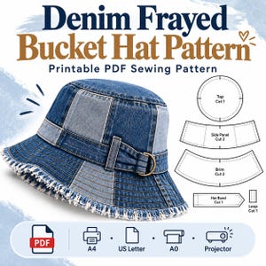 May include: A denim bucket hat with a frayed brim and a side strap featuring a metal D-ring. The image includes the text Denim Frayed Bucket Hat Pattern Printable PDF Sewing Pattern and technical diagrams for the top, side panel, brim, and band.