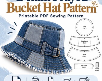 Naaipatroon voor een denim bucket hat (PDF), patroon voor een hoed met gerafelde patchwork, printbaar naaipatroon voor een zonnehoed, A4, US Letter, A0 Projector