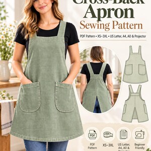 Cross Back Apron Sewing Pattern PDF, Japanese Pinafore Apron Pattern, Women’s Utility Smock with Pockets, XS-3XL, A4 A0 Projector