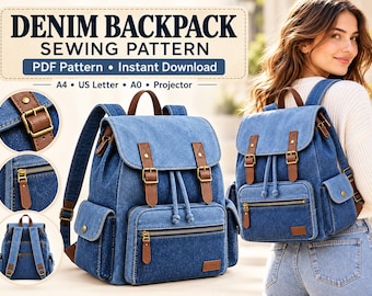 Naaipatroon voor een denim rugzak (PDF), Patroon voor een rugzak met trekkoord, Rugzak met zakken, A4 US Letter A0 Projector, DIY Taspatroon