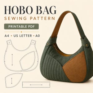Könnte beinhalten: Ein Hobo-Taschen-Schnittmuster als druckbares PDF für A4, US Letter und A0. Das Bild zeigt eine dunkelgrüne und braune Hobo-Tasche mit gestepptem Seitenteil und Reißverschluss sowie technische Strichzeichnungen der Schnittmusterteile.