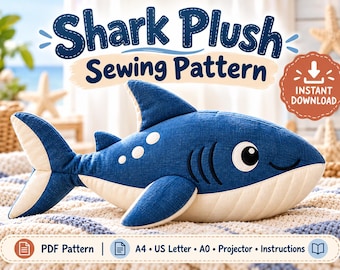 Naaipatroon voor een pluche haai, decoratie voor de kinderkamer met oceaanmotief, zelfgemaakt knuffeldier (PDF-download)