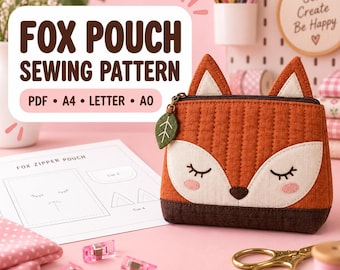 Fox Zipper Pouch Sewing Pattern, Quilted Coin Purse, Makeup Bag (PDF)