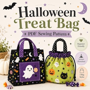 May include: A PDF sewing pattern for a Halloween treat bag featuring two styles. One is a black tote with a ghost and star print and a purple pocket. The other is a lime green drawstring pouch with pumpkins, ghosts, and black cat faces.