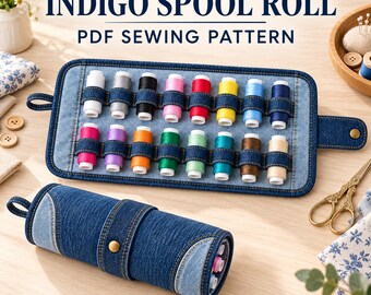 Thread Spool Organizer Sewing Pattern PDF, Denim Roll Up Case, 16 Spool Holder, Printable Sewing Storage Pattern